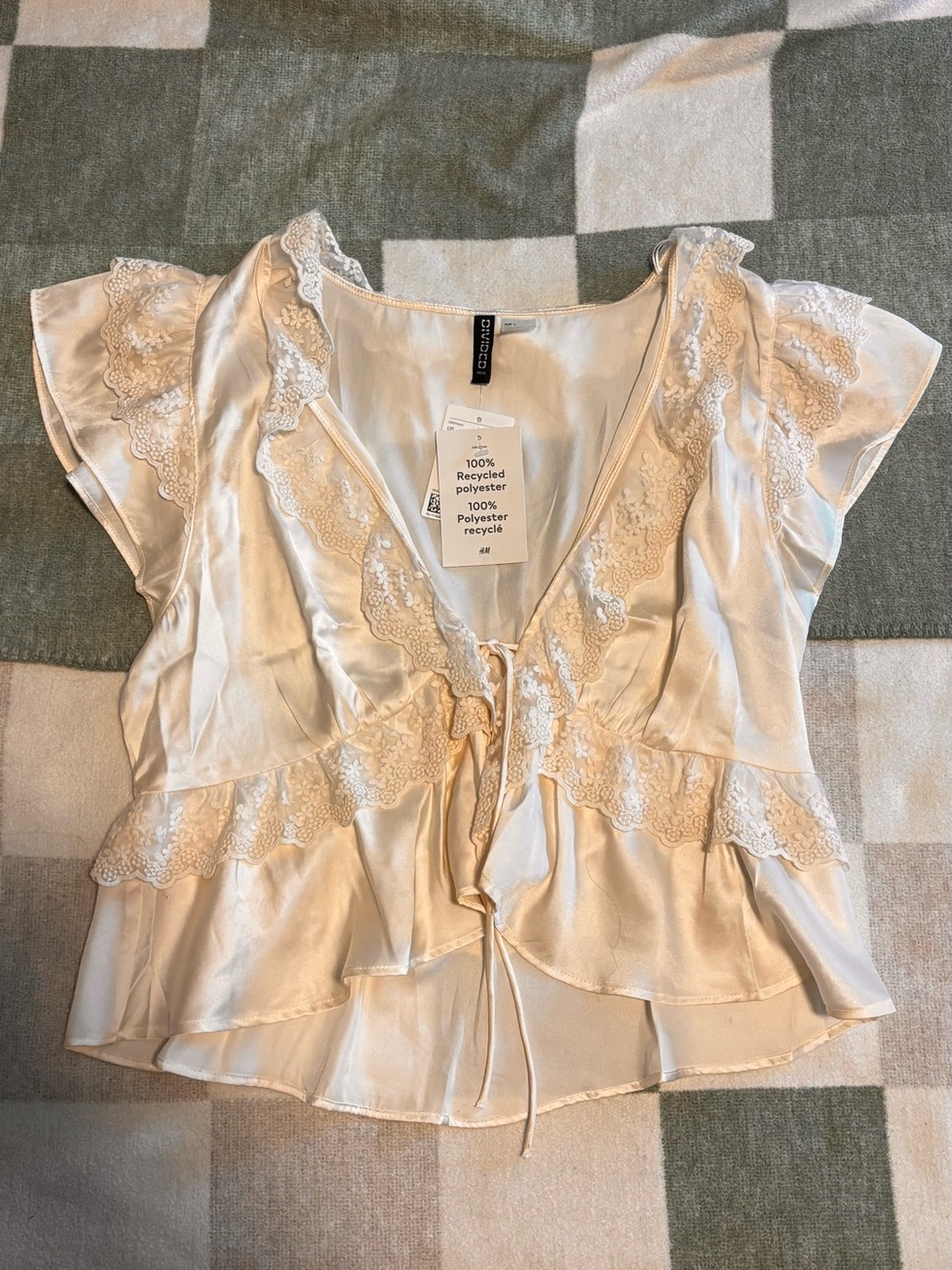 Divided Cream Lace-Trim Satin Ruffle Tie-Front Blouse